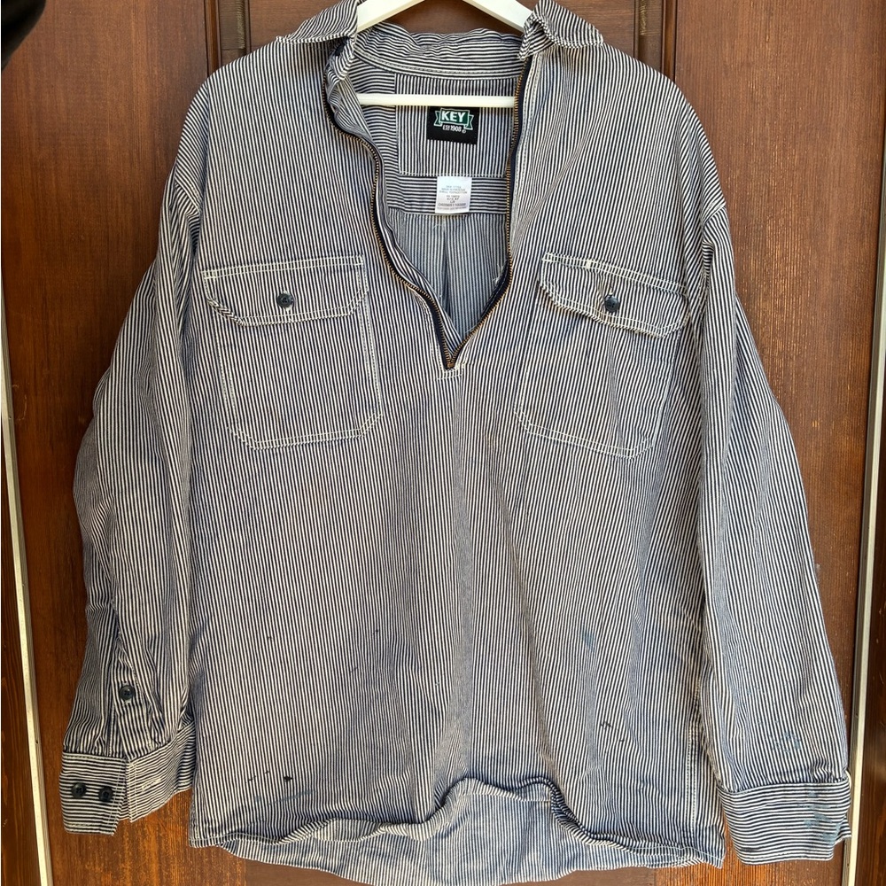 Striped Pullover Work Shirt Jacket - Blue/White